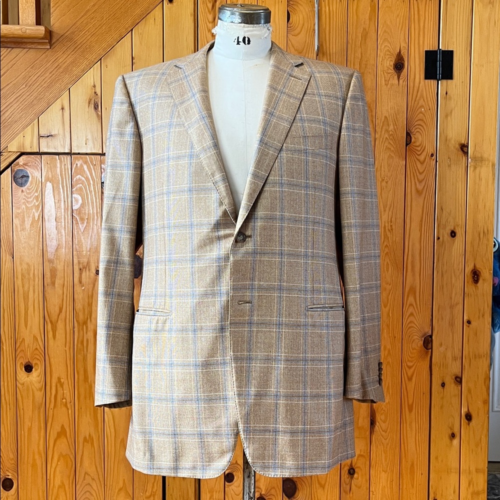 Ermenegildo Zegna Tan Blue Windowpane Plaid Men's Blazer